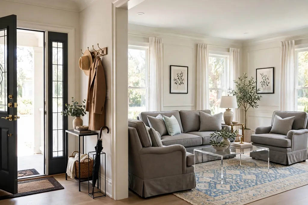 Tidy formal living room near a front entry with a tailored sofa and matching chairs.