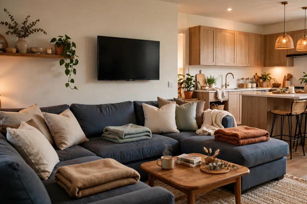 Casual family room near a kitchen with a deep sectional sofa and a television.