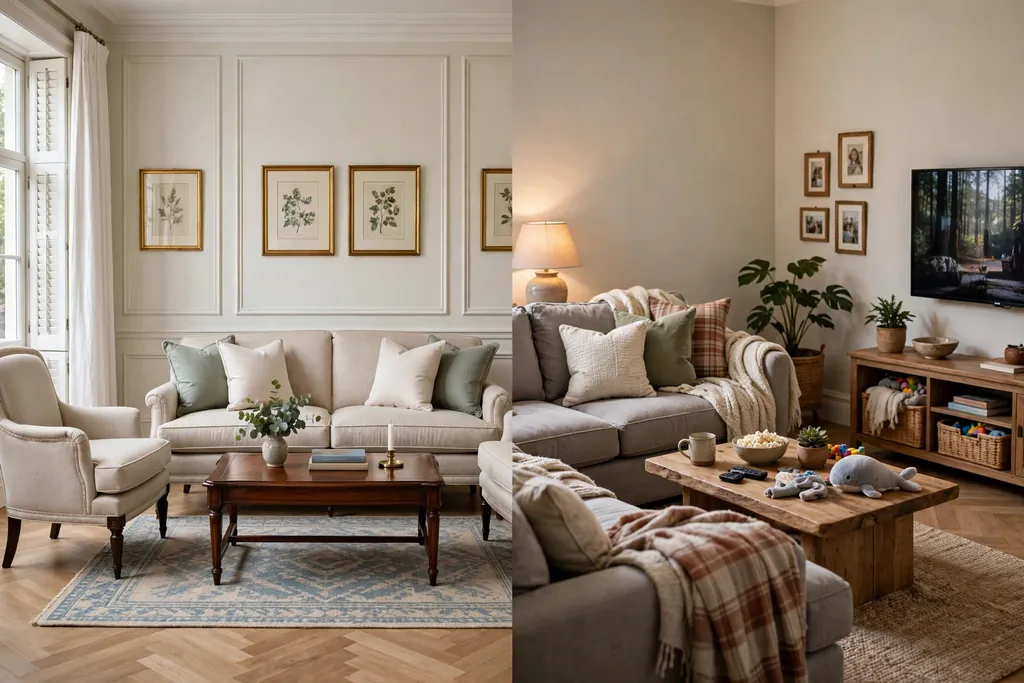 Side by side comparison of a tidy formal seating area and a relaxed family seating area.