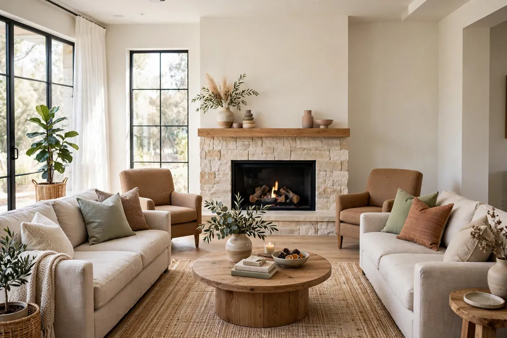 Living room layout with chairs facing each other around a coffee table near a fireplace.