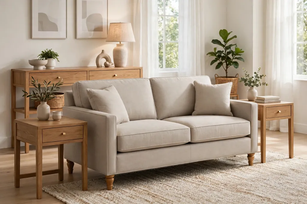 Structured living room furniture with a tailored sofa and matching side tables.