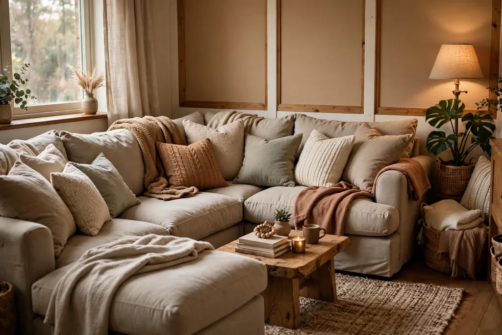 Deep soft family room sectional with plump cushions throws and pillows.