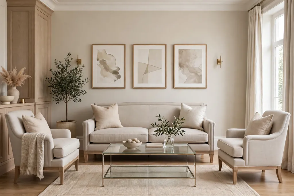 Polished living room with a balanced color palette framed art and a clear coffee table.