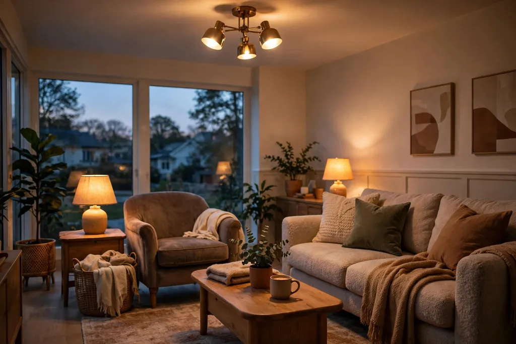 Living room at dusk lit by table lamps and a ceiling fixture.