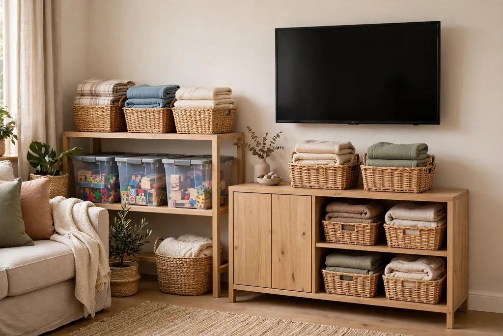 Family room storage with baskets for blankets bins for games and a media unit.