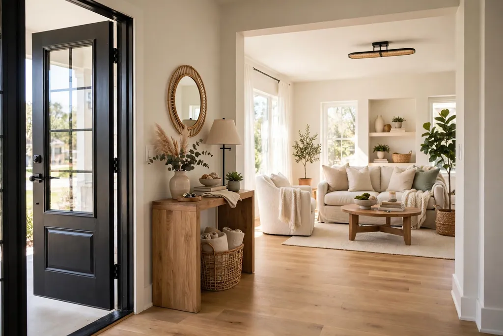 Clear walkway from a front entry into a living room with seating set back.
