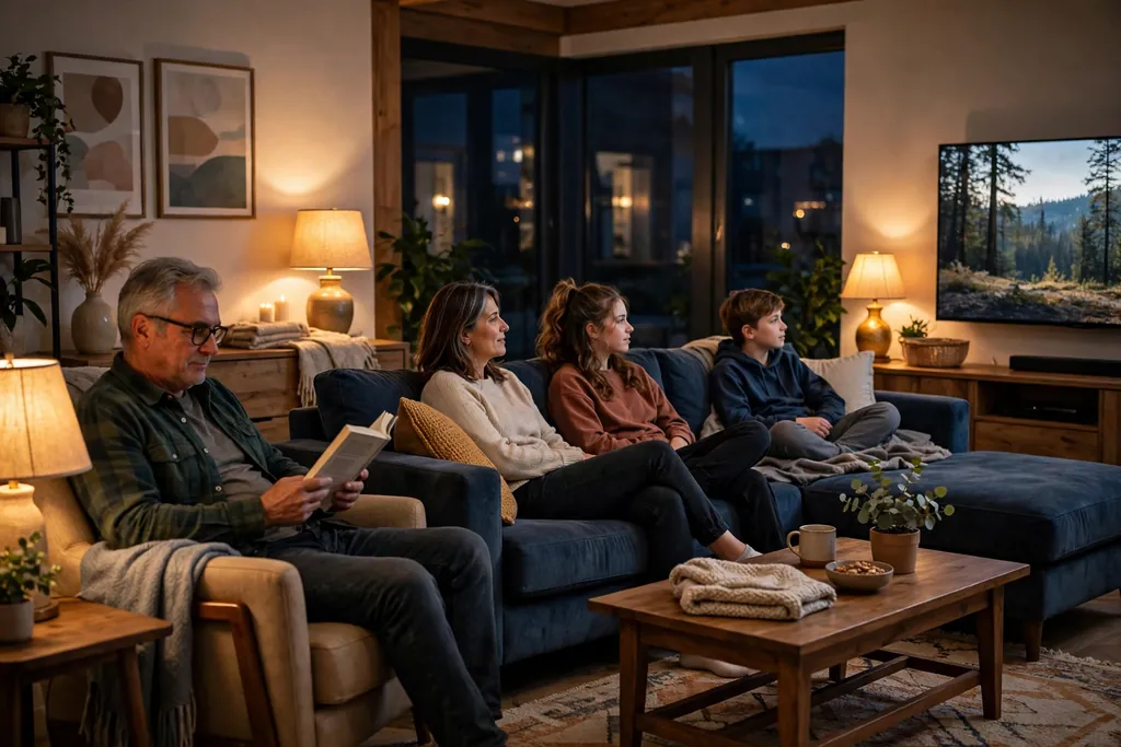 Family room in the evening with people relaxing reading and watching television together.