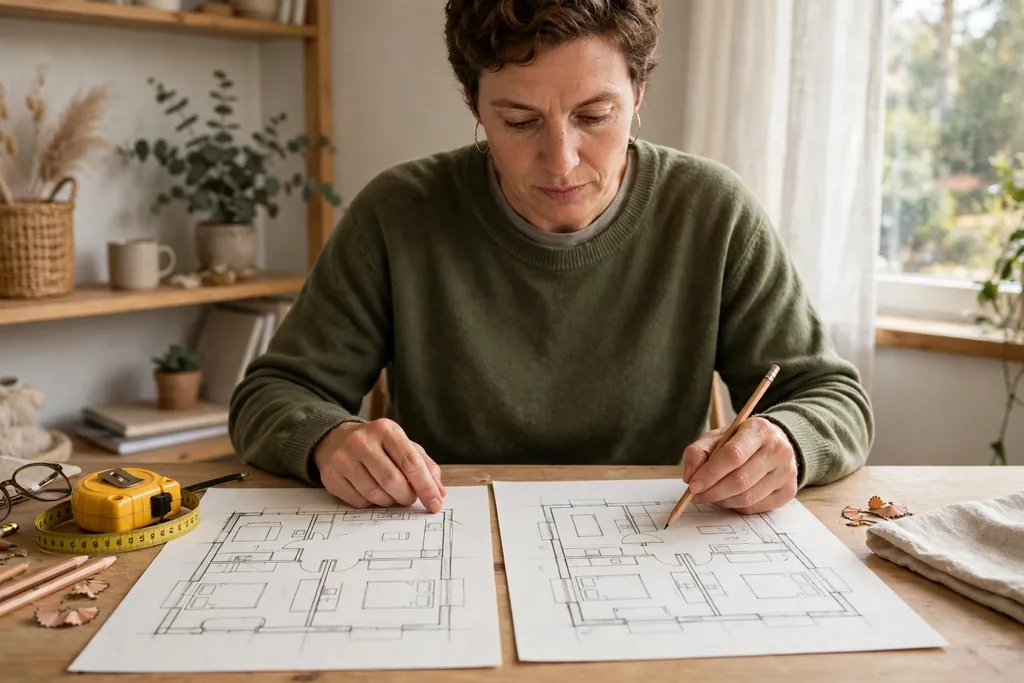 Homeowner comparing two room layouts on a floor plan sketch at a table.