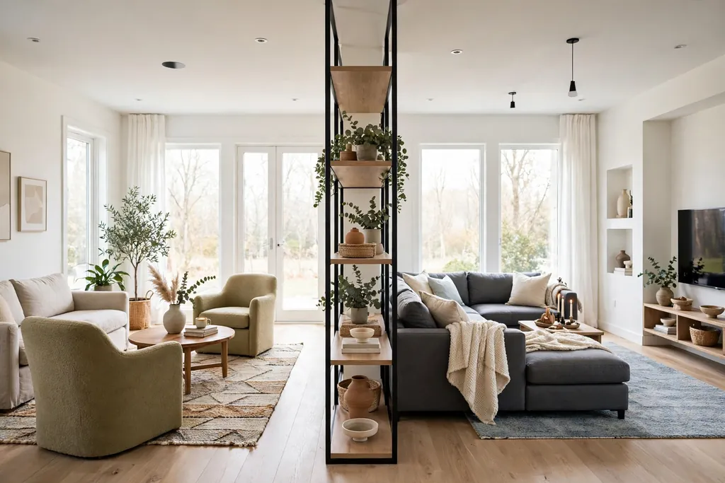 Large room zoned into a conversation area and a television lounge area with rugs.