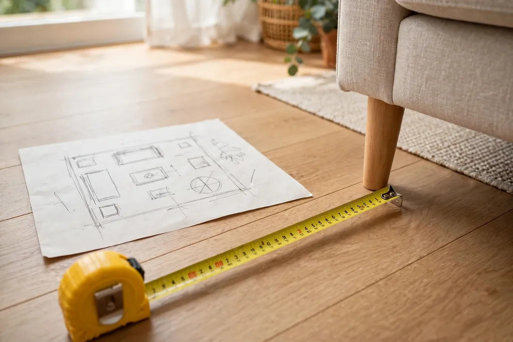 Tape measure and furniture layout notes on a living room floor next to a sofa.