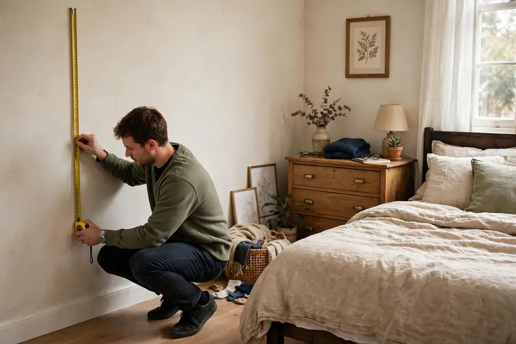 Measuring a small bedroom wall with a tape measure near a bed.