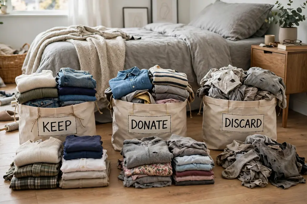 Sorted clothes with labeled bags for keep, donate, and discard in a bedroom.