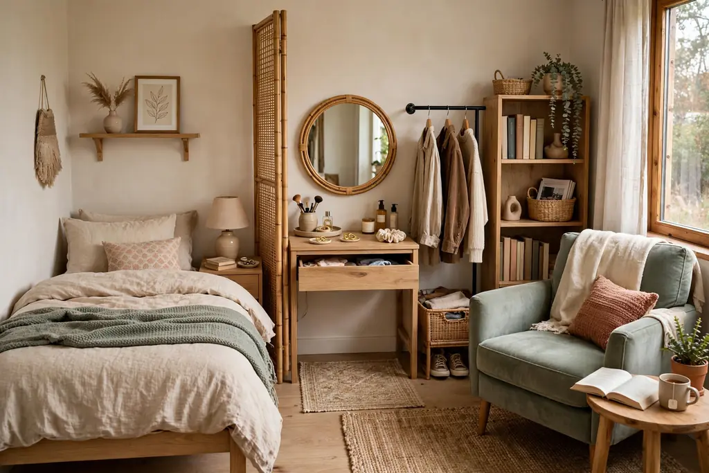 Small bedroom with sleeping, dressing, and reading zones.