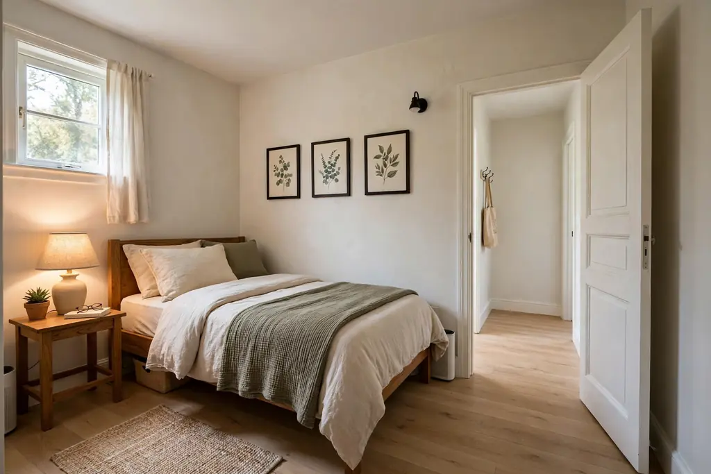 Bed placed against the longest wall in a small bedroom with a clear walkway.