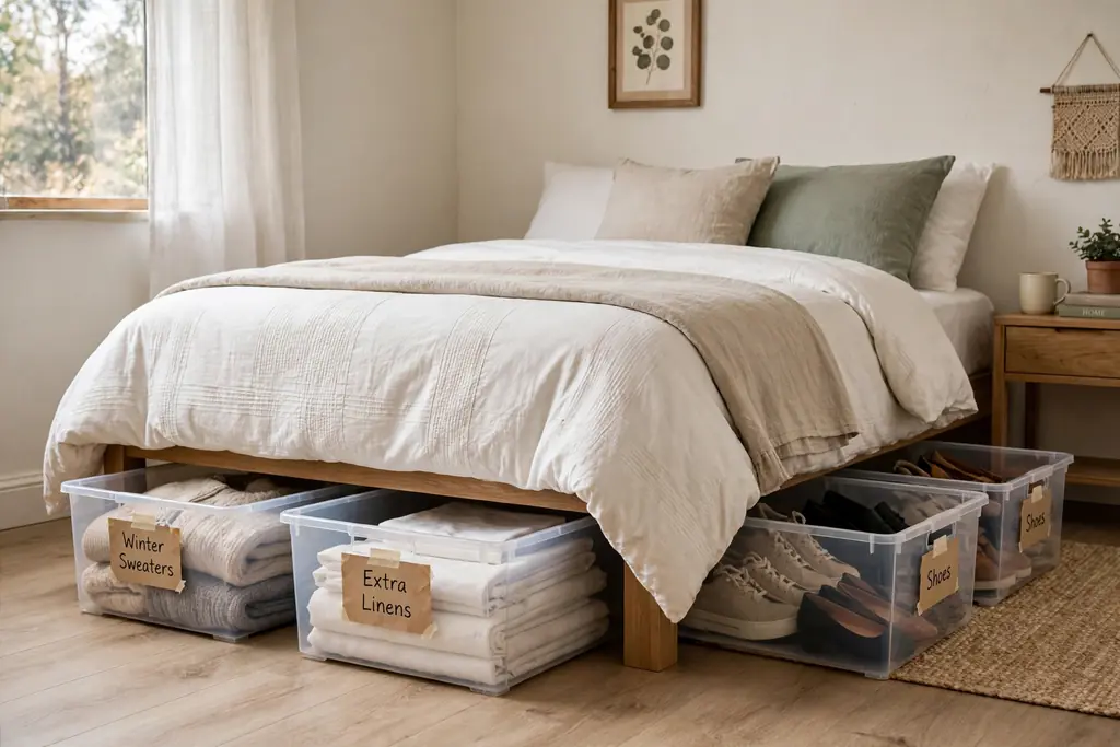 Labeled flat storage bins sliding out from under a bed.