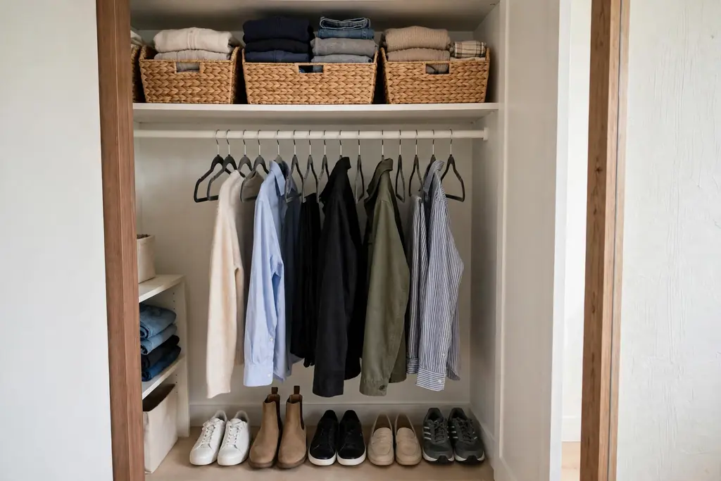 Organized small closet with slim hangers, shelf baskets, and shoes in a row.