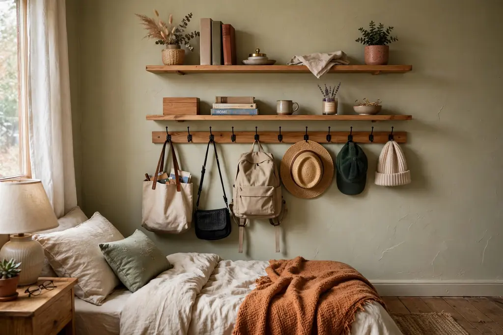 Wall shelves and a peg rail with hooks in a small bedroom.