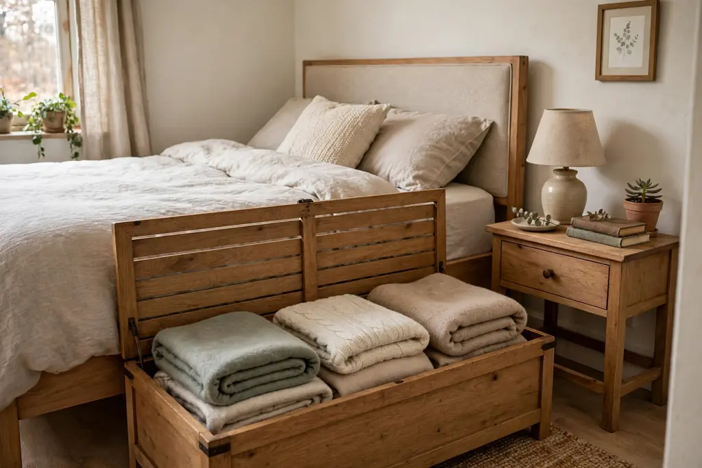 Storage bench at the foot of a bed beside a nightstand with a drawer.
