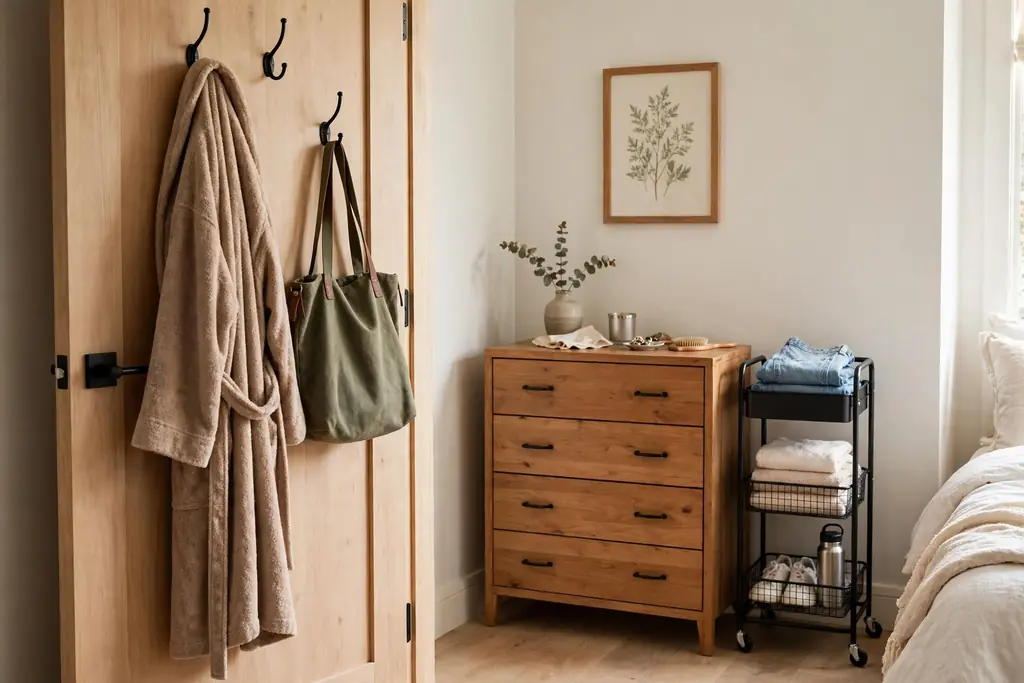 Hooks on the back of a bedroom door holding a robe and a bag.