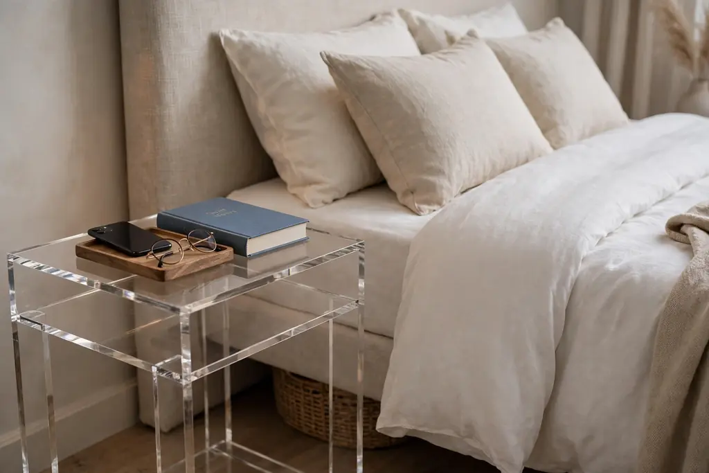 Clear nightstand with a small tray holding a phone, glasses, and a book.
