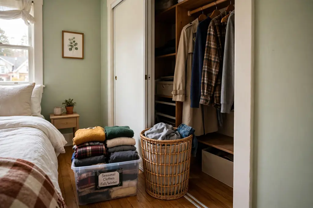 Laundry hamper near a closet with a labeled bin of seasonal clothes.