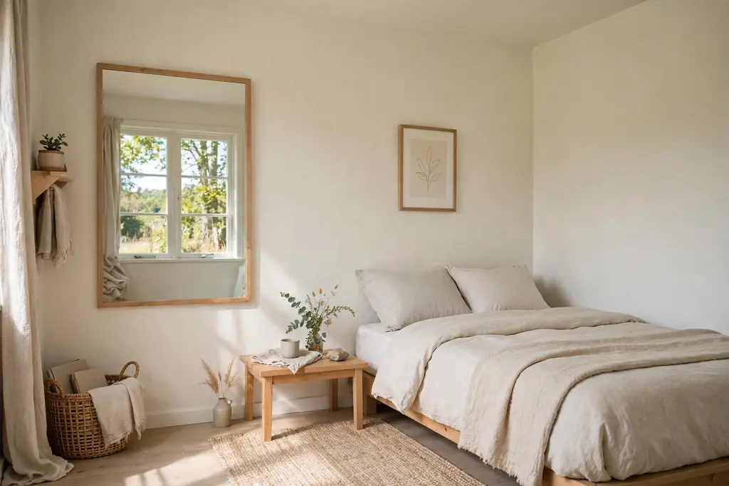 Calm small bedroom in light colors with low furniture and a mirror.