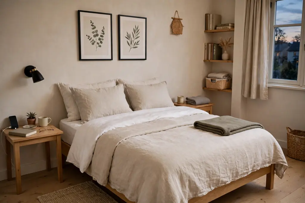 Neatly made bed in a tidy small bedroom after a daily reset.