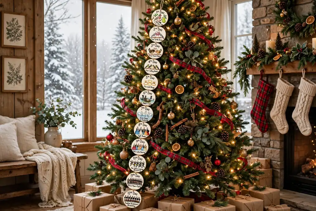 Christmas tree with Twelve Days of Christmas ornaments hung in story order down one side.