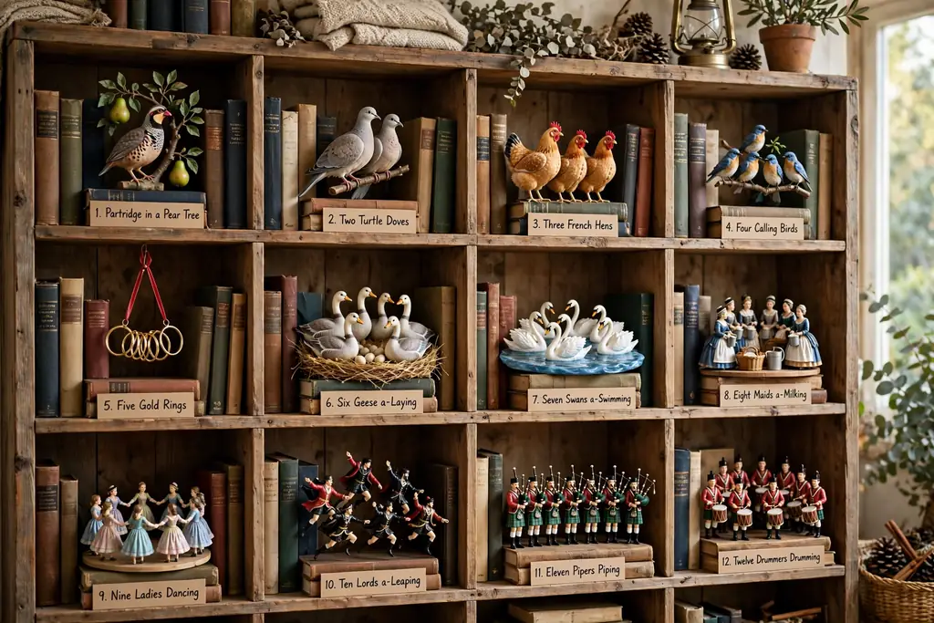 Bookshelf with Twelve Days of Christmas ornaments placed one per shelf section among books.