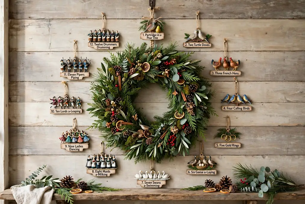 Greenery wreath ring with Twelve Days of Christmas ornaments fixed around it in order.