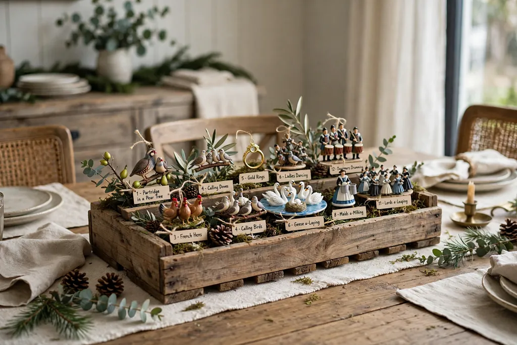 Low wooden crate on a dining table holding a Twelve Days of Christmas ornament set as a centerpiece.