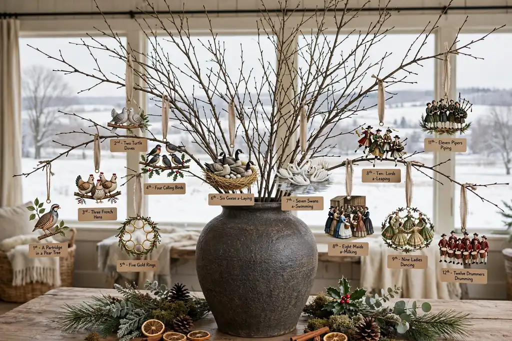 Tall bare branches in a heavy vase with Twelve Days of Christmas ornaments hanging from the branches.