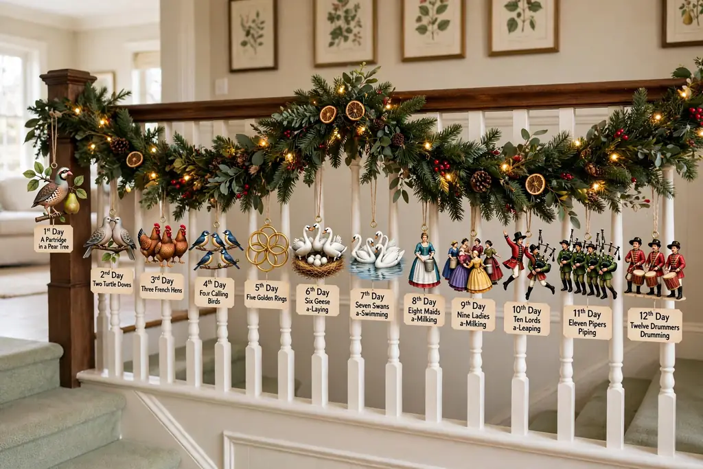 Staircase banister garland with Twelve Days of Christmas ornaments spaced along it in order.