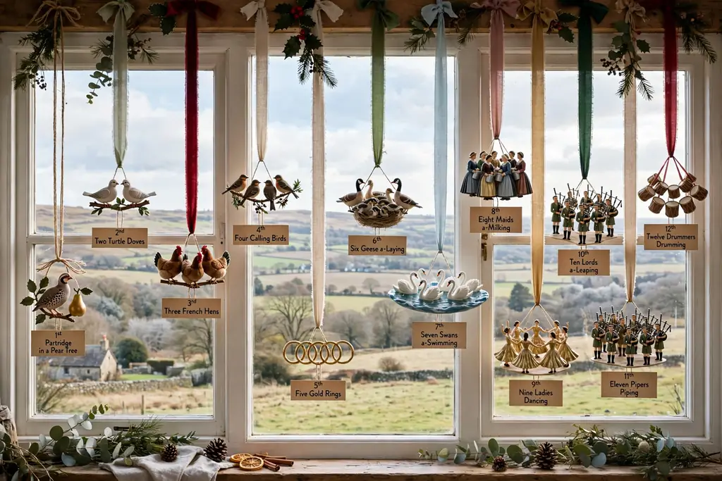 Window with Twelve Days of Christmas ornaments hanging from ribbons at varied heights.