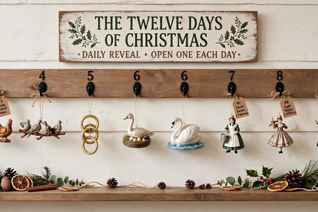 Wall rail with numbered hooks and a row of Twelve Days of Christmas ornaments in a daily reveal display.