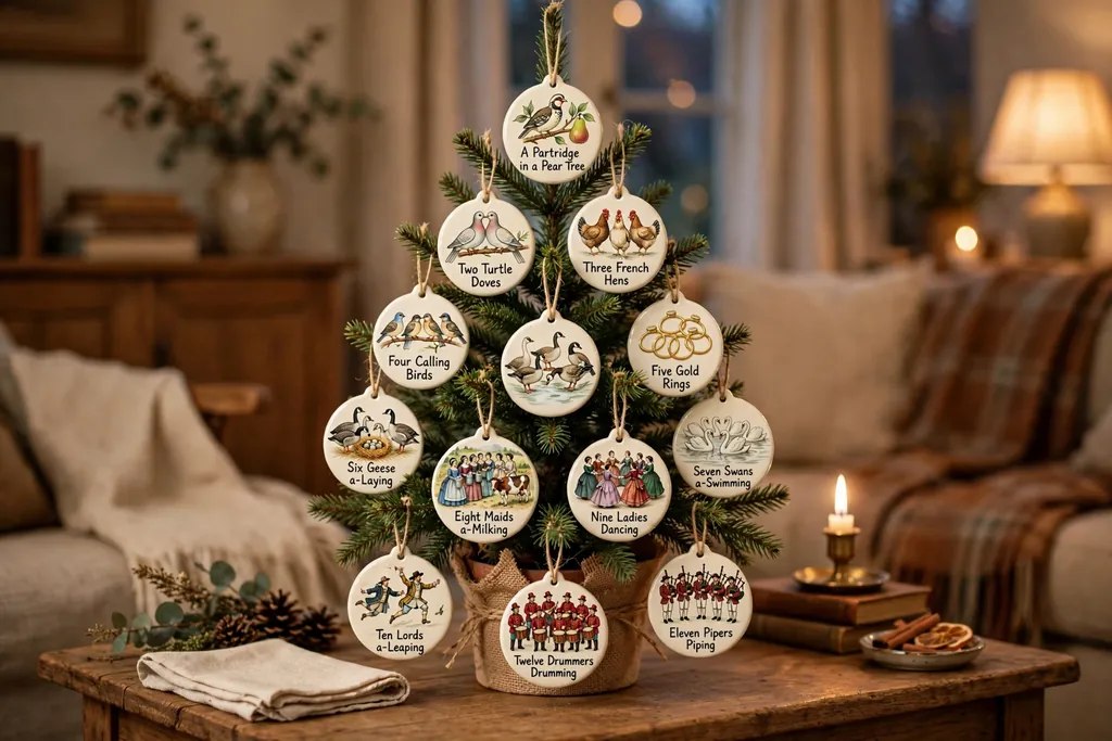 Small tabletop Christmas tree decorated with a Twelve Days of Christmas ornament set.