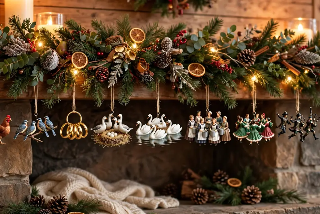 Mantel garland with Twelve Days of Christmas ornaments lined up in order.