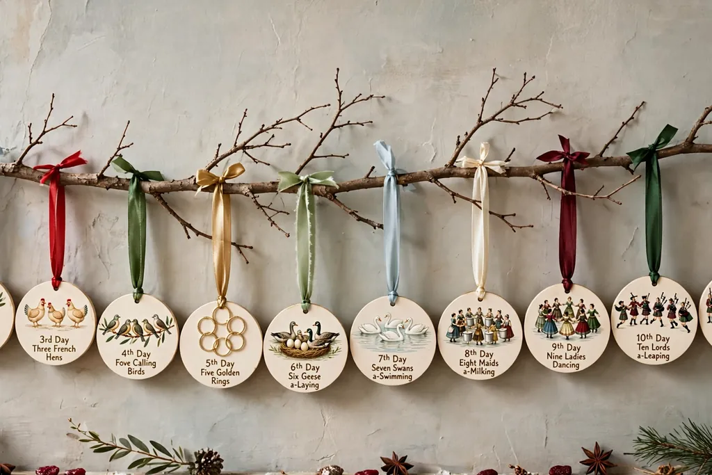 Wall mounted branch with Twelve Days of Christmas ornaments hanging from ribbon loops.