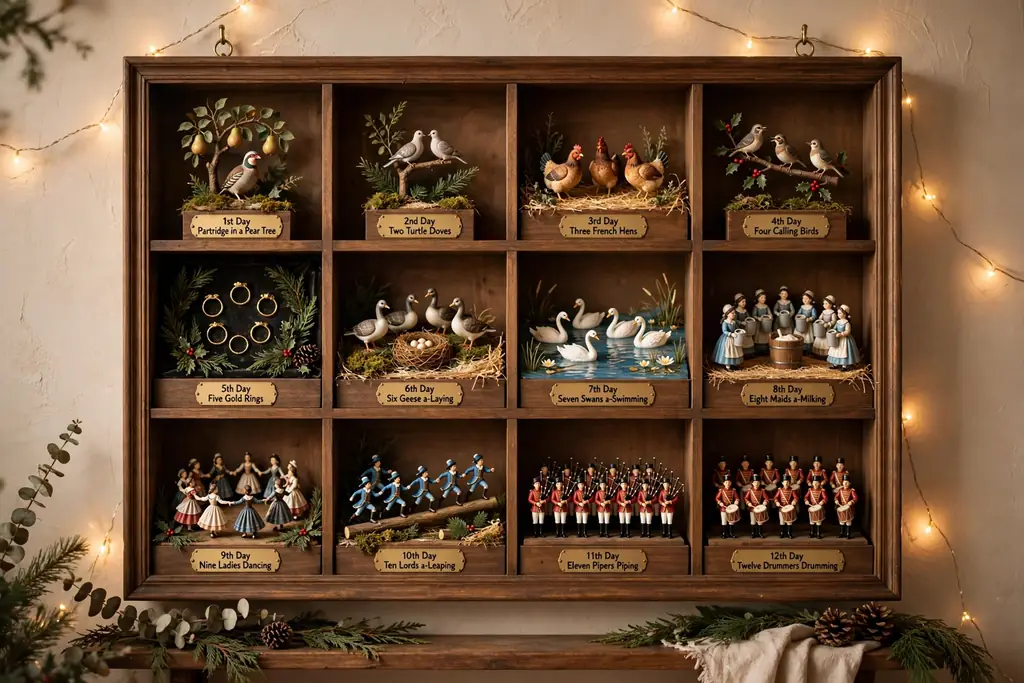 Divided shadow box holding a Twelve Days of Christmas ornament set in separate compartments.