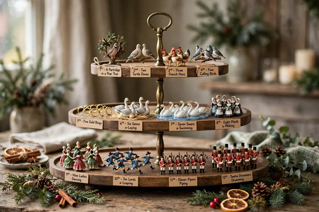 Three tier tray holding a Twelve Days of Christmas ornament set in story order.