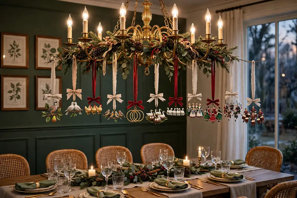Chandelier with Twelve Days of Christmas ornaments hanging at varied heights above a table.