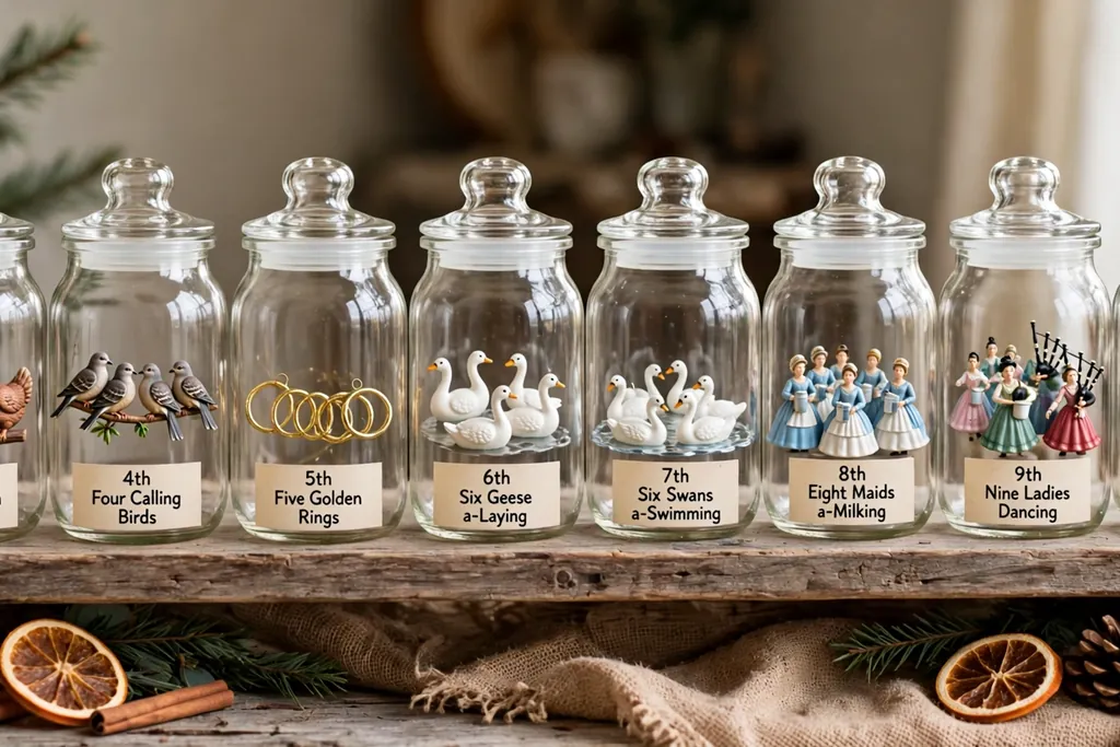 Row of clear glass jars on a shelf, each holding one Twelve Days of Christmas ornament.