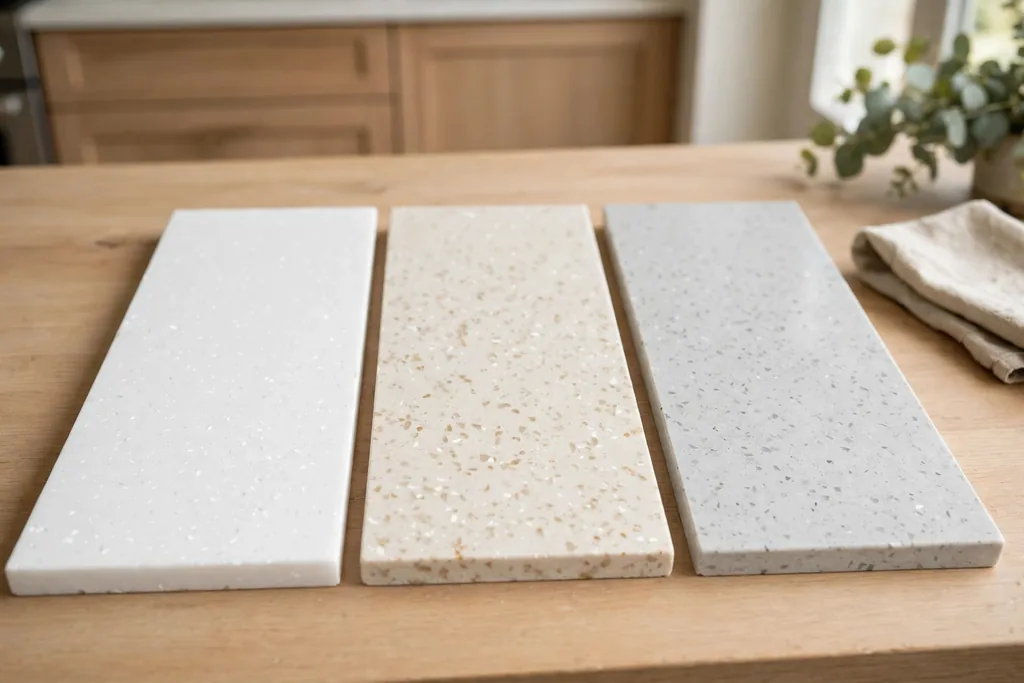 Three white quartz samples in bright white, warm white, and soft white gray side by side.
