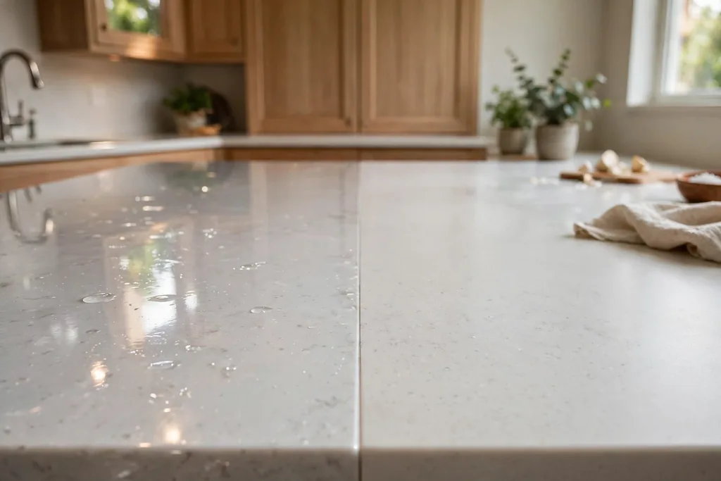 White quartz countertop showing polished and honed finishes side by side.