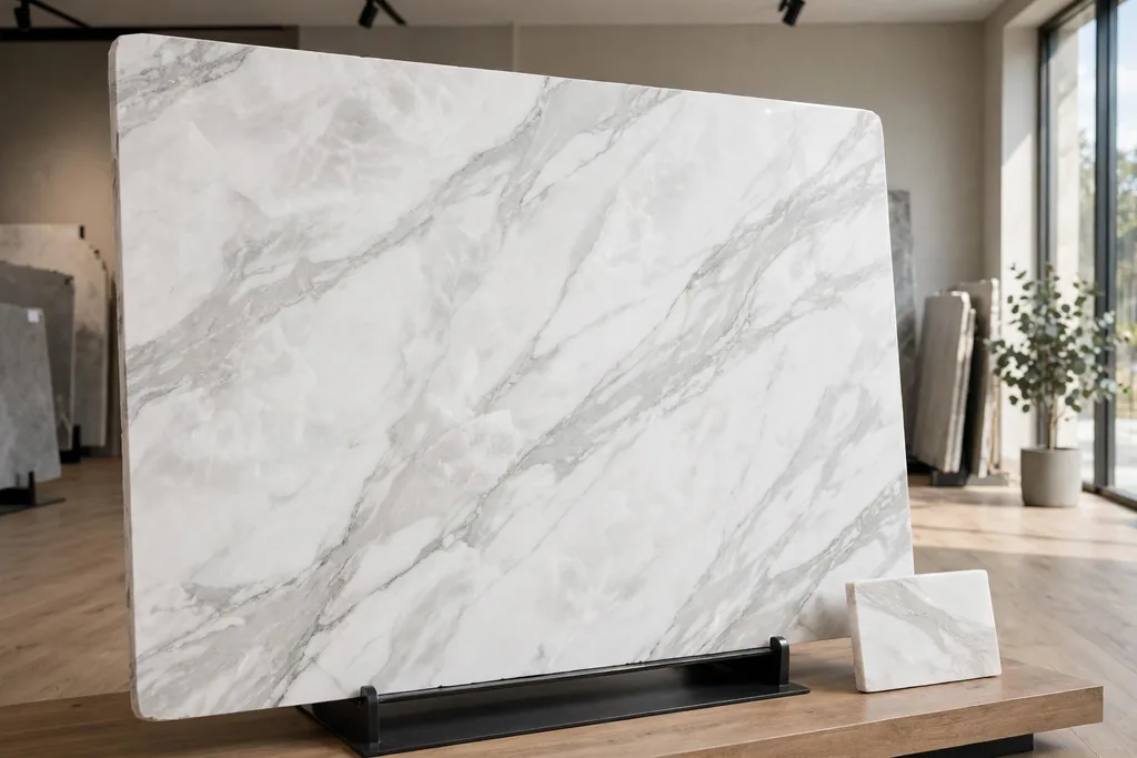 Large white quartz slab with soft gray veining seen in full.