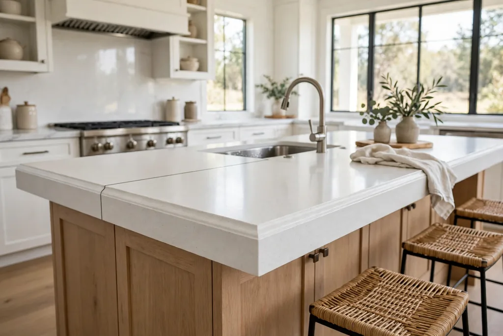 Kitchen island with a thick white quartz edge and a seam near the sink.