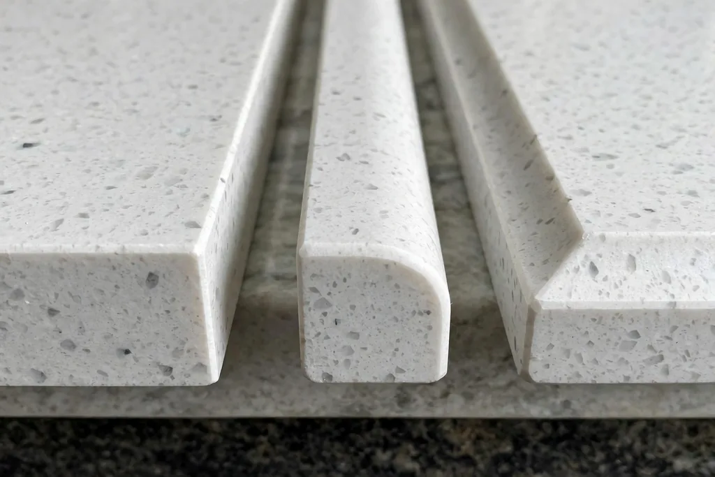 Three white quartz edge profiles in square, rounded, and beveled shapes.