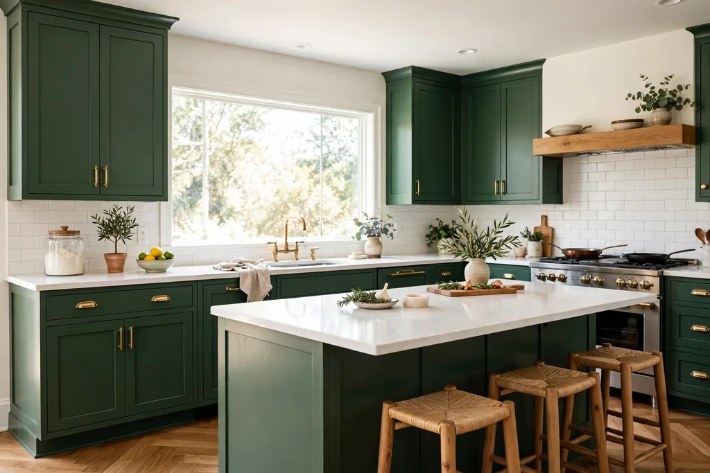 White quartz countertops with deep green cabinets and brass hardware.