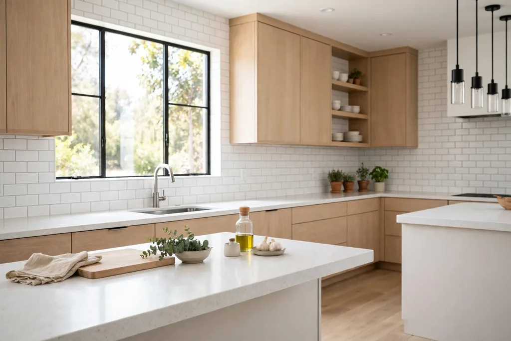 White quartz countertops with a plain white subway tile backsplash.