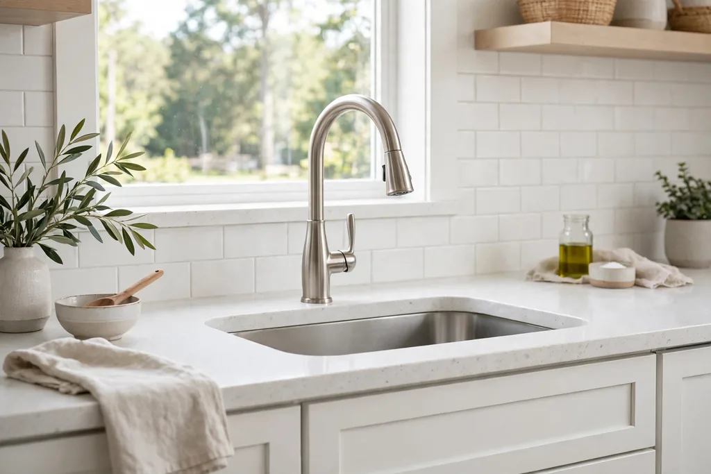 White quartz countertop with an undermount sink and a gooseneck faucet.